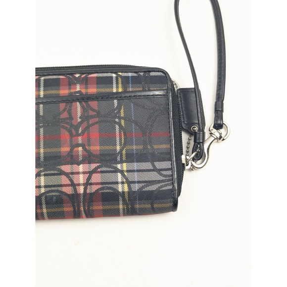 COACHβ Plaid Print Wristlet Wallet Black Red Zip Around Accordion - Picture 8 of 13